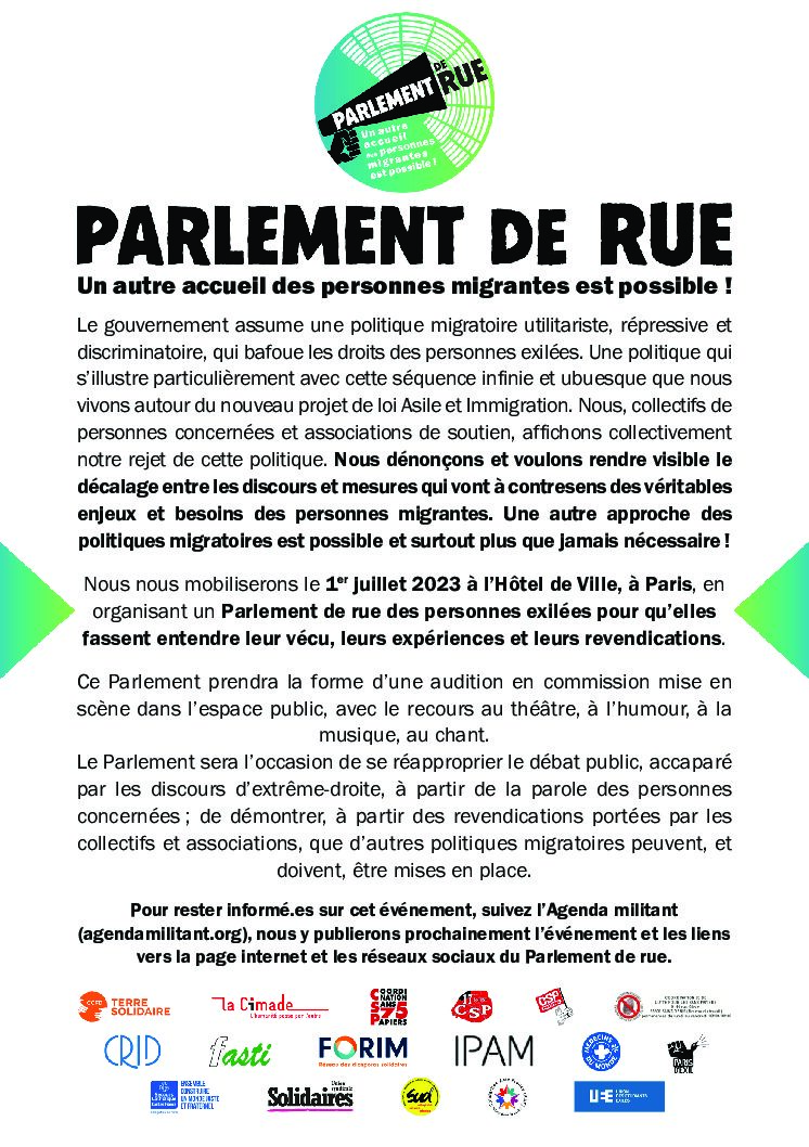 Lire la suite à propos de l’article PARLEMENT DE RUE – Une autre accueil des personnes migrantes est possible – 1er juillet à l’Hotel de Ville Paris